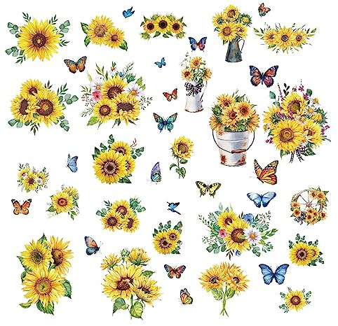 craspire 8 Blatt 8 Stile Sonnenblumen-Fensteraufkleber, Frühlings-Sommer-Thema, Schmetterlingsaufkleber, Fensteraufkleber, Wanddekoration, Aufkleber Für Kühlschrank, Schlafzimmer, Wohnzimmer, Küche