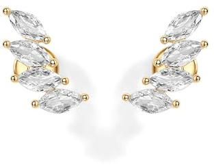 PAVOI 14K Yellow Gold Plated 925 Sterling Silver Post Navette CZ Crawler Flat Back Earrings for Women | Small Cartilage Cubic Zirconia Stud Earring | Helix Piercing Jewelry