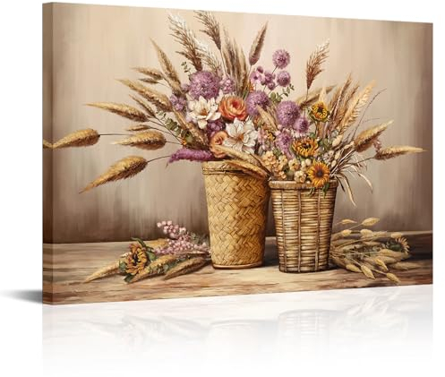sechars Farmhouse Pampasgras Leinwand Wandkunst Schilf getrocknete Blume Malerei Drucke Beige Botanische Pflanze Bilder für Wohnzimmer (groß)