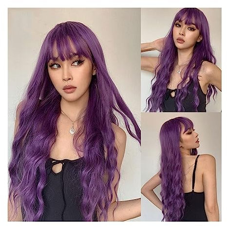 Peluca Peluca ondulada de cuerpo sintético morado largo con flequillo for mujeres negras Cosplay fiesta Navidad Halloween pelucas cabello Natural diario Peluca Hombre
