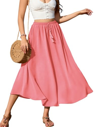 Zeagoo Damen Rock Lang Hohe Taille Röcke Elegant Maxirock A-Linie Mesh-Rock Mit Kordelzug Casual Midi Freizeitrock Einfarbig Rock Frühling Sommer Rosa M