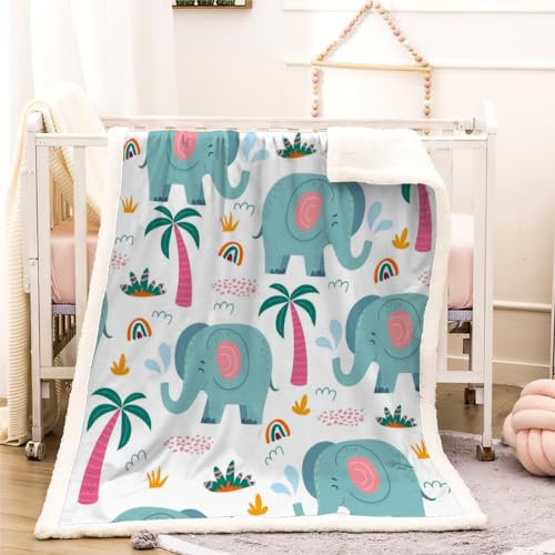 Elefant Kinderdecke Wohndecke Cartoon-Tiere Flanell Fleece Kuscheldecke Flauschig 100x130cm Weiche Warme Sherpa Decke Gemütlich Leicht Sofadecke für Mädchen Jungen Couch Bett Decke