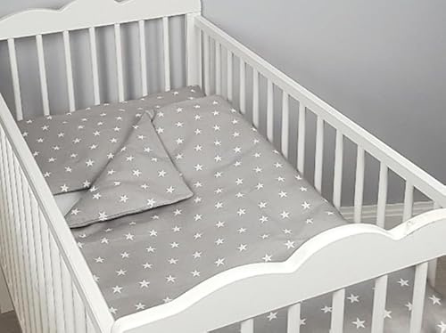 2-Piece Grey Bedding Set for Baby, Toddler, Infant, Child, Cotton Duvet Cover and Pillowcase, For Cot Bed 70x140cm, with White Star Pattern