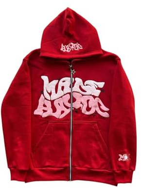 LIXQQS Felpa con Cappuccio Graffiti Y2K Trendy Uomo, Giacca Oversize con Zip per Un Look Urbano Streetwear, Sweatshirt Retro Americano, Hoodie Hip Hop(Red,S)