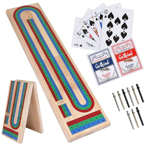 Cribbage Board Game Set, 9 Metal Pegs, 2 Decks of Playing Cards, 3-Track Folding Wooden Board Games for Adults & Kids - 2-4 Player Games - Ideal for Family Game Night, Travel