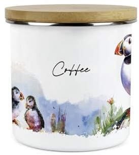 Purely Home Puffins on the Rocks Coffee Storage Canister - Coastal Sea Birds Homewares Presents - Tea/Coffee/Sugar Metal Enamel Hot Drinks Storage Container Gifts