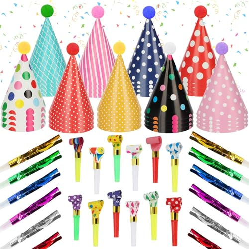 SAYAYA 116 PCS Birthday Party Cone Hats Assorted Colors Cone Paper Hat with Colorful Blowers and Metallic Fringed Noise Makers Blowouts for Kids Adults Birthday Baby Shower Party Supplies