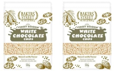 Bakers Street White Chocolate Chips 2X500g BakeStable Chocolate For Baking & Desserts - Ideal for Cakes, Cookies, Muffins, Smooth Melting, Decorating & Chocolate Fountains