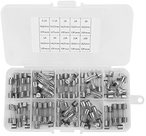 Glassicherungs-Sortimentsset, Glassicherungen, 100 Stück, Glassicherungs-Sortimentsset, Sicherungssortiment-Ersatz für PKW, LKW, Motorräder, SUV, Boote, 5 X 20 Mm,