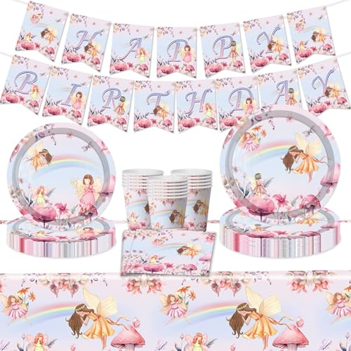 Flower Fairy Elf Girls Birthday Party Tableware Set, Elf Princess Pink Party Decorations, Fairy Birthday Banner Bunting, Pink Paper Plates and Napkins for Girls 16 Guests