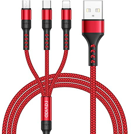 RAVIAD Cavo di ricarica multiplo 3 in 1, cavo di ricarica rapida USB 3 A, 2 m, cavo di ricarica multi con connettore micro USB tipo C Lightning per iPhone, Samsung, Huawei, Sony, LG, PS5, rosso