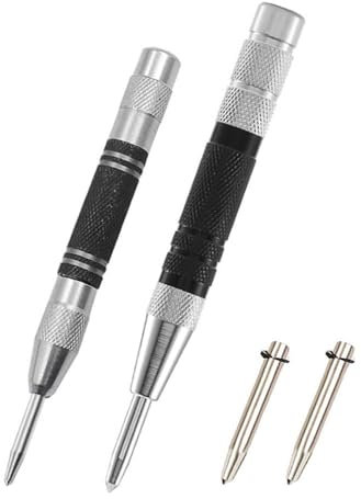 Automatic Center Punch, 2 Pcs Steel One-Handed Spring Loaded Center Hole Punch with 2 Replacement Tips, Positioning Punch Tool for Metal, Glass, Wood, DIY (Set B)