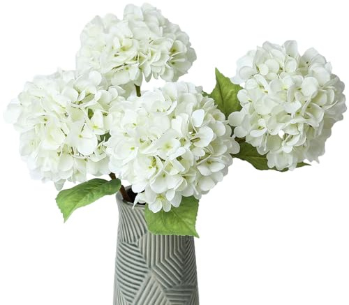 mizii 4 hortensias artificiales blancas grandes de seda falsa con hojas tallos, decoraciones realistas de hortensias artificiales para centros de mesa de boda, jarrón, decoración del hogar (blanco)