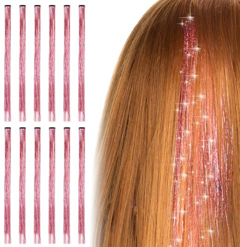 Bighan 12 Piezas Hebras Pelo De Oropel con Clip, 50cm Pelo de Oropel Brillantes Para el Pelo Extensiones Pelo de Oropel, Accesorios para el Pelo Deslumbrantes para Navidad, Halloween, Fiesta - Rosa