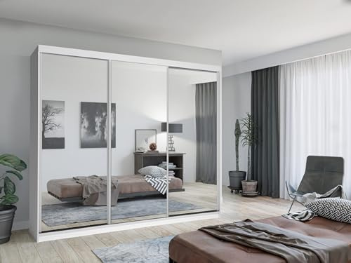 Krudox LUX Weiß Schiebetürenschrank Kleiderschrank 250x216x62 cm mit Spiegel - Schlafzimmermöbel, Aufbewahrung – Mehrzweckschrank mit 2 Kleiderstangen und 3 Schubladen