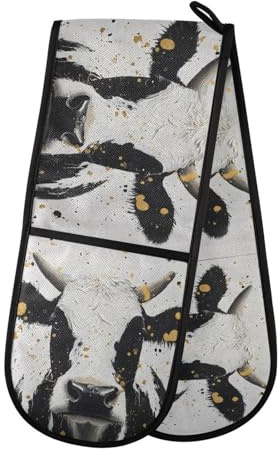 Quteprint Doppelte Ofenhandschuhe, schwarz-weiß, Kuh-Kunstmalerei, hitzebeständig, 17,8 x 88,9 cm lang, gesteppt, Küchenhandschuhe zum Backen, Grillen, Grillen und Mikrowelle, maschinenwaschbar mit