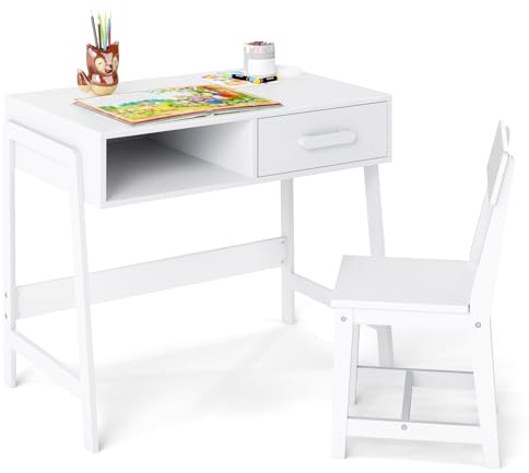 Maxmass Kids Desk and Chair Set, Children Study Tables with Open Compartment, Drawer, Toddler Table and Chairs Learning Table Student Writing Desks for 3+ Years Old Boys Girls