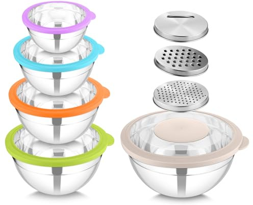 HaWare Set di 5 ciotole per mescolare con coperchio, in acciaio inox, per cucina, 3 grattugie, coperchi trasparenti, ermetiche per la preparazione degli alimenti, la cottura e la conservazione (4,6