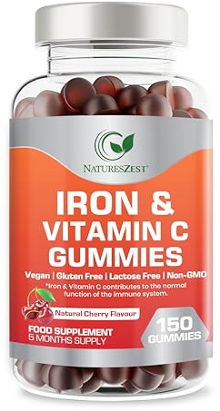 Iron & Vitamin C Gummies for Adults & Kids - 150 Chewable Gummies for Energy & Immune Support | Vegan Iron Supplement |Natural Cherry Flavour, Non-GMO -5 Month Supply - By Natures Zest
