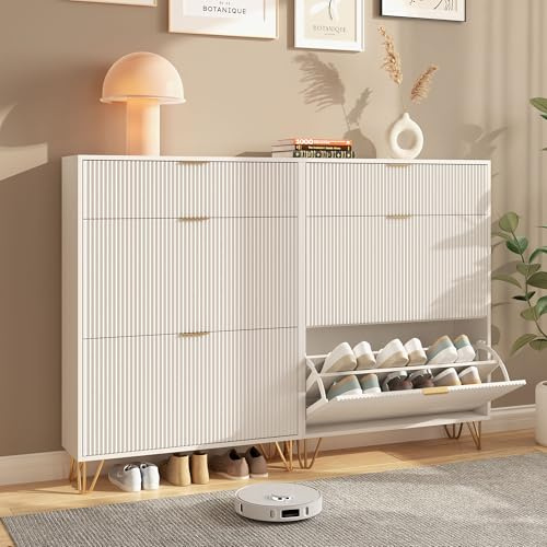 DIYHOM 2er Set Schuhschrank mit 2 Klappen und 1 Türen, Weiß Schuhregal Schuhkipper Schmal, Anti-Kipp-Vorrichtung, für Eingangsbereich, Flur, 80 x 24 x 118.5 cm