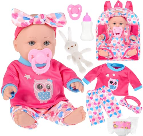12 Zoll / 30cm Babypuppe in Geschenkbox mit Rucksackträger, Futtermittelflasche, Kleidung, Schnuller, Windel und EIN Spielzeug Kaninchen Zubehör, erste Babypuppen für Mädchen ab 3 Jahren