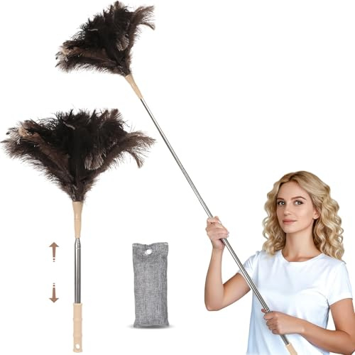 Vookkp Feather Duster Extendable 30-130cm Ostrich Feather Duster Long Handled Fluffy Dusters for Cleaning High Ceilings, Car, Office Lights, Doorways, Skirting, Cupboards, Chandelier, Glass