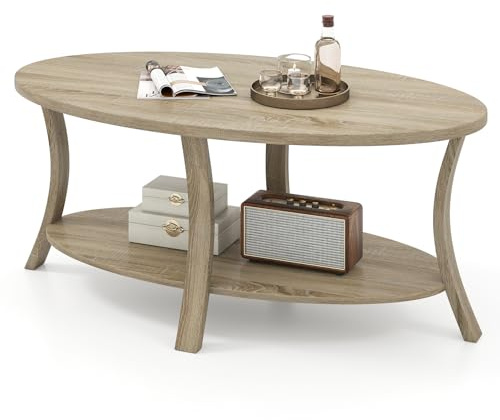 LIFEZEAL Mesa de Centro Ovalada de Madera de Caucho, Mesa de Centro de 2 Niveles con Estante de Almacenaje, Mesa Rústica para Salón, Hogar, Oficina, 111 x 60,5 x 47 cm (Natural)