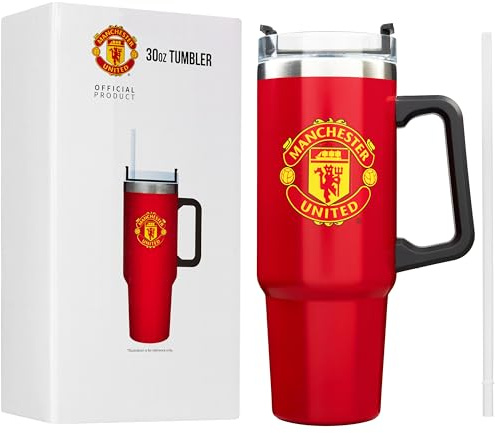 Get Trend Manchester United Insulated Tumbler 850ml, Stainless Steel Water Bottle with Straw & Handle, Cold for 12H Hot for 8H, Travel Coffee Mug, Football Gifts (Red Man U)