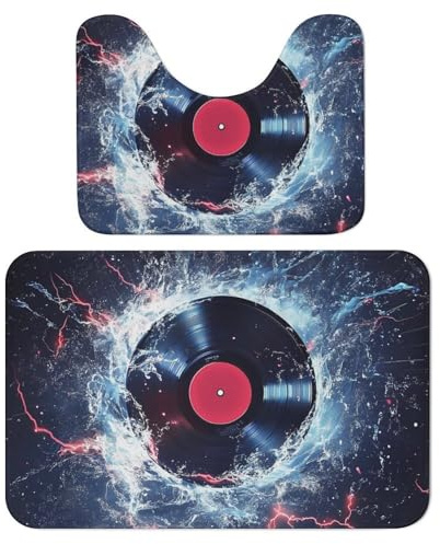 Lot de 2 tapis de salle de bain absorbants et tapis de bain Motif galaxie et disque de musique avec tapis contour antidérapant et tapis contour WC