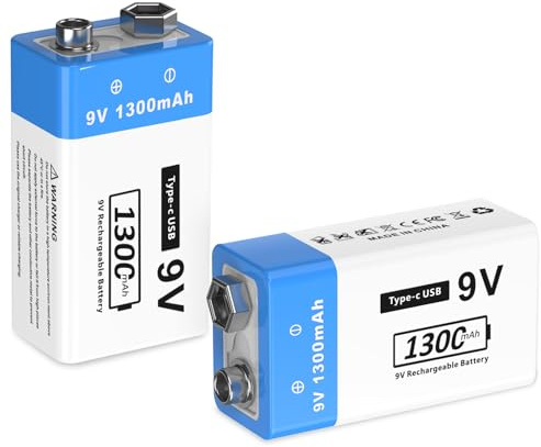 Batería recargable de 9 V, 1300 mAh, 9 V, iones de litio, batería de 9 V, para detector de humo, alarma de fuego, micrófono, multímetro, etc. (2 unidades)