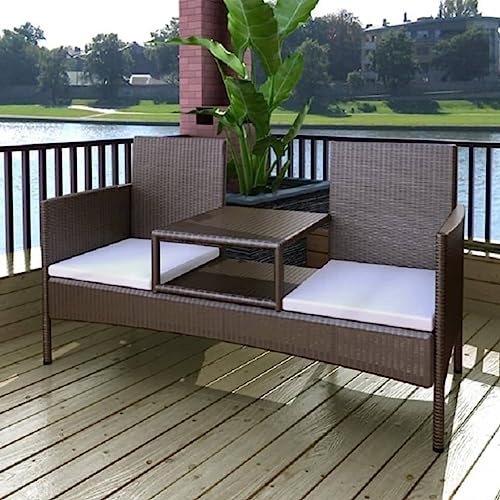 Mokuyary Divano da giardino a 2 posti, con tavolo da tè, in polyrattan, marrone, per giardino, terrazza, balcone