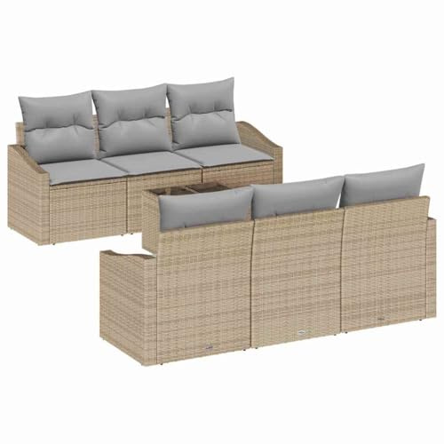 VIHHQGC Modernes Gartenmöbel-Set mit Kissen, Outdoor-Sofagarnitur mit Tisch, 7-teiliges Rattansofa für Terrasse in Beige und Grau aus Poly-Rattan