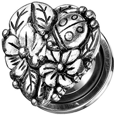 Piersando Ohr Plug Schraub Piercing Ear Flesh Tunnel Ohrpiercing Ohrplug Edelstahl Vintage Tribal Ethno Silber Herz und Blumen 8mm