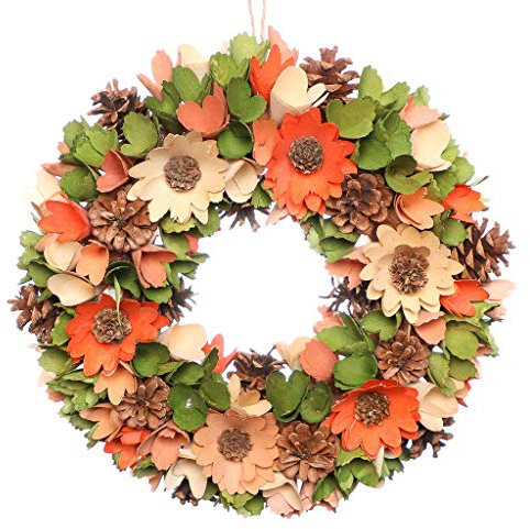 Wooden Door Wreath Orange & Green Decorative Fall Autumn Front Door Wreath Indoor Outdoor Halloween Decorations 14 (BM34)