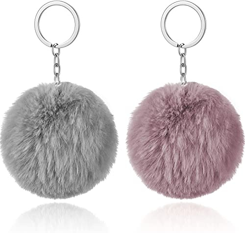 Hicarer 2 Stücke Pom Pom Schlüsselanhänger Plüschball mit Puschel Schlüsselanhänger Bommel Flauschig Bommel Anhänger Pompoms mit Anhänger