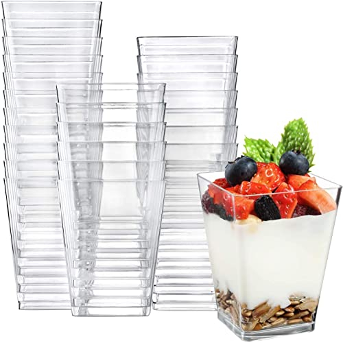 KAHEIGN 50Pz Mini Tazas De Postre, 240ml Vasos De Postre Cuadrados De Plástico Copa De Aperitivo De Parfait Transparente Tazón para Servir Reutilizable para Fiesta De Mousse De Pudín De Postre