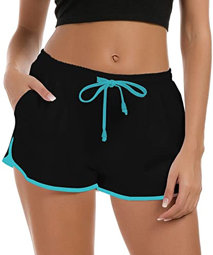Fanient Badshorts för kvinnor, 3D-grafiska strand- och surfshorts, sommar, badkläder nederdel, nyhet, träning, gym, sportbyxor med justerbar dragsko, XS–XL, Svart blå, M