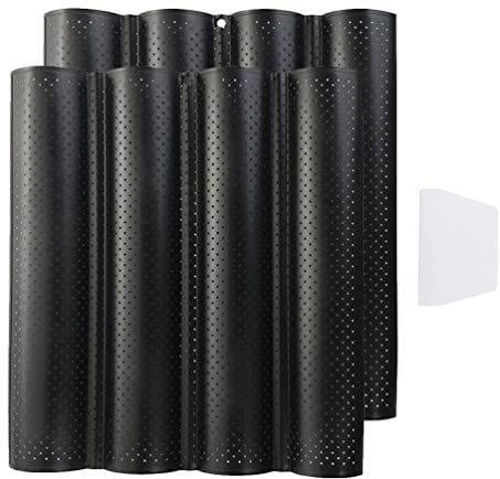 Stareal Perforiertes französisches Baguette-Backblech, 4-wellig, 2er-Set, mit Teigschaber für Profi- und Heimbäcker, schwarz