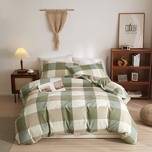 Bobode Green Plaid Duvet Cover Double Size Cotton Grid Duvet Cover Set Buffalo Plaid Modern Checkered Bedding Sets with Zipper Closure&Corner Ties,Easy-Care,Soft-No Comforter Insert