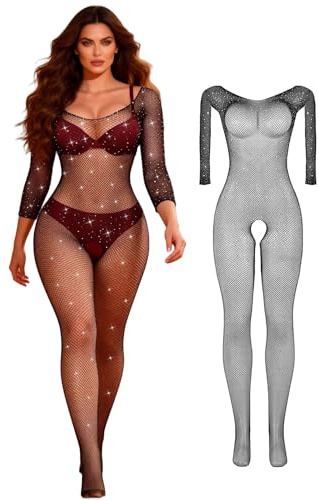 ohyeahlady Bodystocking Damen Sexy Ouvert Strass Große Größen Fischernetz Bodystockings Schritt Offen Strumpfhose Langarm Catsuit Overall offen im Schritt Bodysuit Unterwäsche