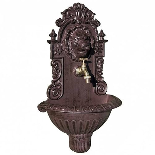 L'Héritier Du Temps Fontaine de Jardin Murale Source à Fixer Tête de Lion en Fonte d'Aluminium Marron et Robinet Fonctionnel en Laiton 20x37x60cm