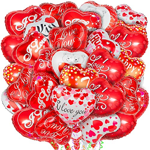 36 Pieces Red Heart Balloons, Happy Valentines Day I Love You Foil Mylar Balloons for Special Night Party Decorations