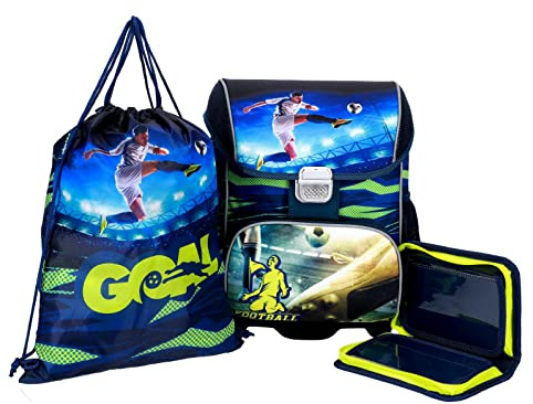 SCOOLSTAR Fußball Schulranzen Schultornister Junge 1 Klasse Schulrucksack Schultasche | SET 3 tlg. für Grundschule | inkl. Federmäppchen Turnbeutel