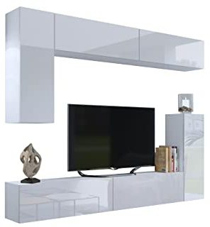 BROMARKT Premium Wohnwand Wohnzimmer Set 6 Teile - Wohnzimmer Schrank - Wohnwand Modern - Wohnzimmerschrank Komplett Möbel - Hochglanz Weiß