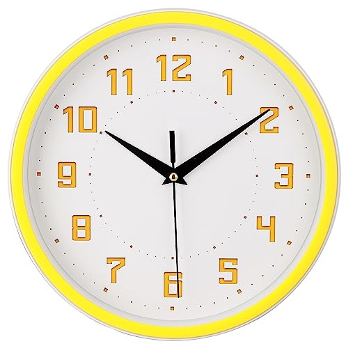Topkey Silent Round Wall Clock Kitchen 9 tum modern stil Icke-tickande dekorativ sovrum kontor arbetsrum rum kök väggklocka citron gul