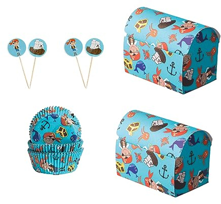 Demmler Backset Piratenabenteuer 5er Set - mit Muffin Förmchen (60 Stück), 2x Deko Picker (24 Stück) & 2x Schatztruhe (8 Stück) - in aufregender Piratenoptik - Made in Germany