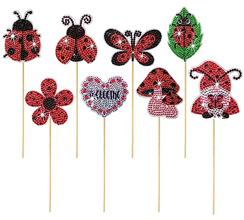 NCTCITY 8 Stück Gartendeko Marienkäfer Blumenstecker Set 5D Diamond Art Painting Garten Marienkäfer Stangen Garten Ornamente für Pflanzendekoration Outdoor Hof Terrasse Rasen
