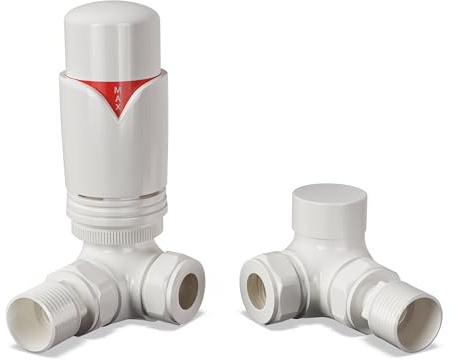 UK Radiators WhiteThermostatic Radiator Valve and WhiteLockshield Valve - White Classy and Modern Design 1/2 x 10mm Corner Radiator Valve
