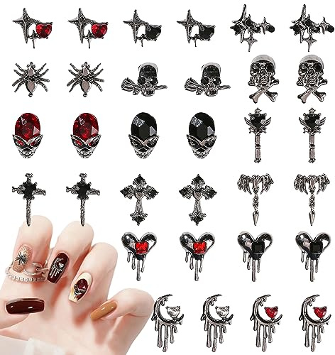 Schädel Nagel Kunst Charms, 32 Stück Metall Punk Nail Art Strass, Legierung Herz Schädel Spinne Hand Nagel Kunst Dekorationen für Halloween Party Versorgung Nägel DIY Dekoration (Pistole schwarz)