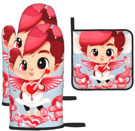 Love Messenger - Set di 3 guanti e presine antiscottatura per cucina, cottura e grigliata, regalo di Natale per la festa della mamma